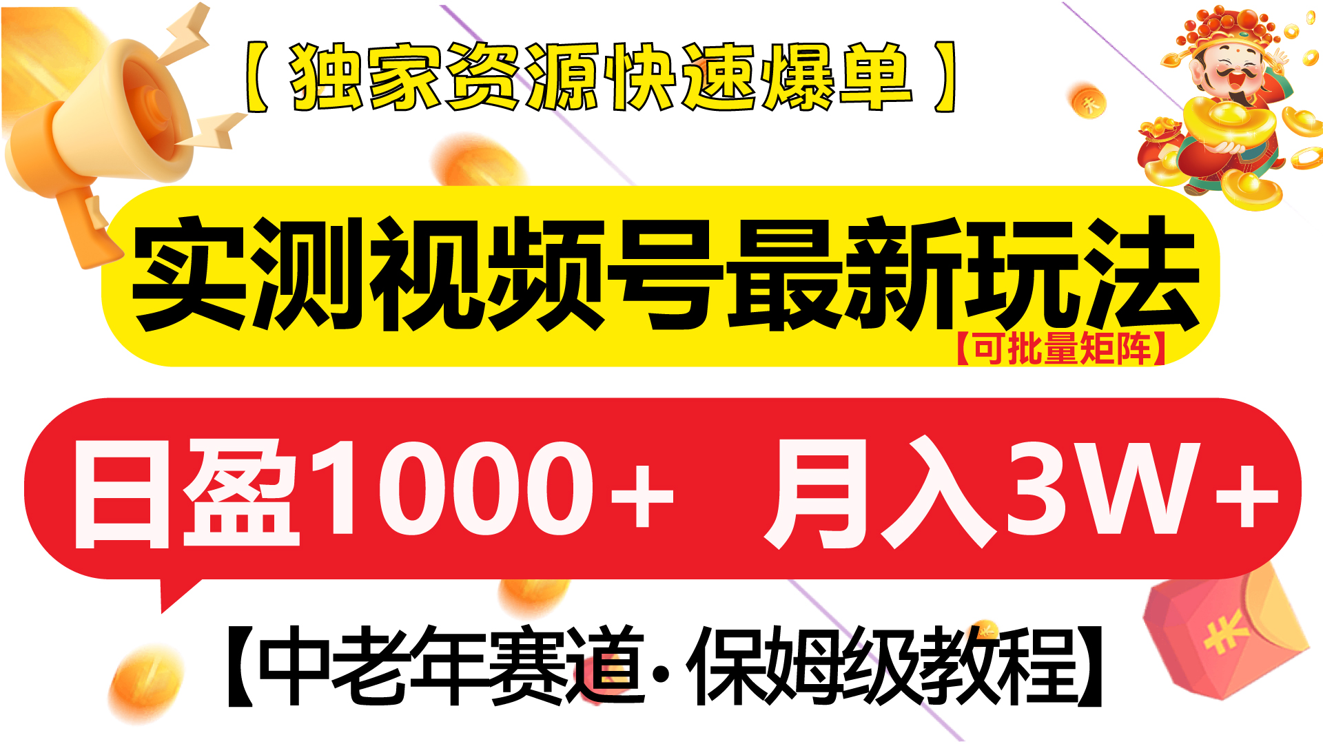 实测视频号最新玩法 中老年赛道独家资源快速爆单  可批量矩阵 日盈1000+  月入3W+  附保姆级教程AI写作变现实战课|独家社群运营赚钱项目|下班后轻松增加第二收入戴笠的金库